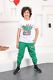 Yeşil Rengi Dinazor Baskılı Erkek Çocuk Eşofman Takımı