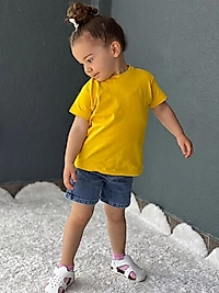 Likralı Sarı Renk Kısa Kot Kombin