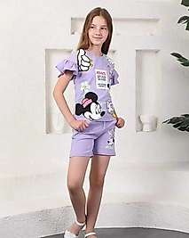 Lila Renk Mine Mouslu Kız Çocuk Yazlık Şort Takım