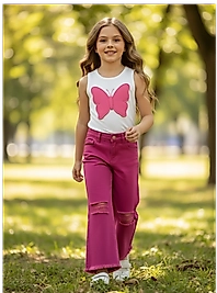 Kız Çocuk Pembe Renk Kelebek Aplikeli Askılı Bluz ve İspanyol Paça Pantolon Takımı