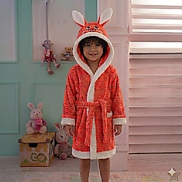 Kırmızı Renk Tavşanlı Kulaklı Çocuk Bornozu