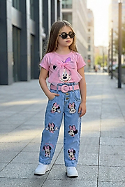 Minnie Mouse Nakışlı Kemerli Kot Takımı Tül Detaylı ve Pembe Tişört