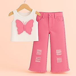 Kelebek Baskılı Pembe Renk Askılı Badi Ve Kot Pantolon Kombin