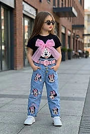 Minnie Mouse Nakışlı Kemerli Kot Takımı - Tül Detaylı ve Siyah Tişört