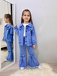 Kız Çocuk Slim Fit Dar Kesimli Fiyonklu Kot Pantolun Kot Ceket Ve Uzun Kollu Badili Üçlü Kombin