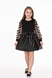 Çicek Desenli Siyah Renk Tüllü Deri Etek Takım