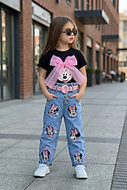 Minnie Mouse Nakışlı Kemerli Kot Takımı - Tül Detaylı ve Siyah Tişört