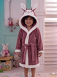 Gül Kurusu Renk Tavşanlı Kulaklı Çocuk Bornozu