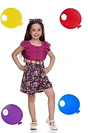 Kız Çocuk Giyim Çiçek Desenli Kemerli  Etek Kombin