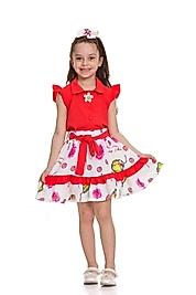Kız Çocuk Elbise Kuşaklı Digital Baskılı Kırmızı Renk Yazlık Kombin