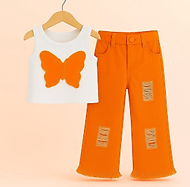 Kelebek Baskılı Turuncu Renk Askılı Badi Ve Kot Pantolon Kombin
