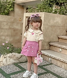 Pembe Renk Şort Etekli Kalp Nakışlı Kız Çocuk İkili Kombin