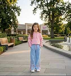 Sweatshirt ve Çiçek Nakışlı Mavi Geniş Paça Pantolon Takımı