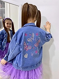 Mavi Renk Kelebek Nakışlı Kot Ceket