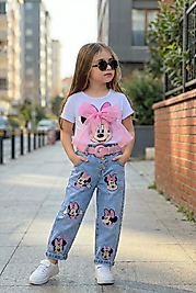 Minnie Mouse Nakışlı Kemerli Kot Takımı - Tül Detaylı ve Beyaz Tişört
