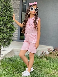 Pembe Renk Kemerli Toka Hediyeli Kısa Tulum Kombin