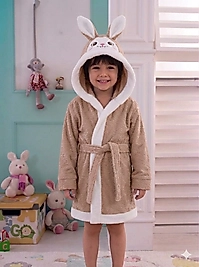 Sütlü Kahve Renk Tavşanlı Kulaklı Çocuk Bornozu