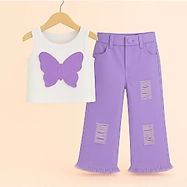 Kelebek Baskılı Mor Renk Askılı Badi Ve Kot Pantolon Kombin