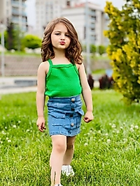 Yeşil Renk Kız Çocuk Askı Badili Kot Etek Takımı