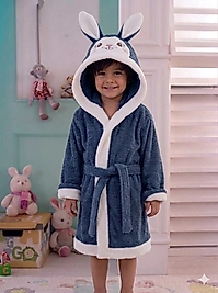 İndingo Mavi Renk Tavşanlı Kulaklı Çocuk Bornozu