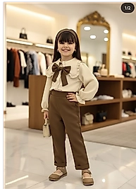 Kız Çocuk Butik Seri Fiyonklu Bluz ve Jean Görünümlü Pantolon Kombini