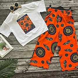 Turuncu Renk Desenli Kız Çocuk Takım