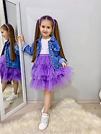 Mavi Renk Kot Ceketli Nakış İşlemeli Mor Etekli Üçlü Kombin