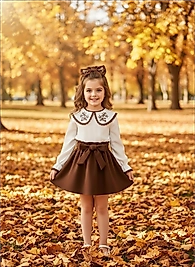 Kahve Belden Bağlamalı Etekli ve Yaka Nakışlı Bluzlu Kız Çocuk Takım Toka Hediyeli