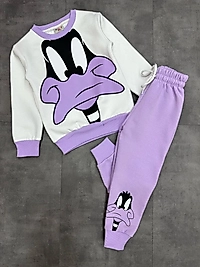 Daisy Üç İplik Şardonlu Mor Renk Kız Çocuk Eşofman Takımı