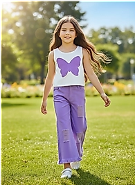 Kız Çocuk Mor Renk Kelebek Aplikeli Askılı Bluz ve İspanyol Paça Pantolon Takımı