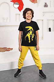 Sarı Renk Dinazor Baskılı Erkek Çocuk Eşofman Takımı