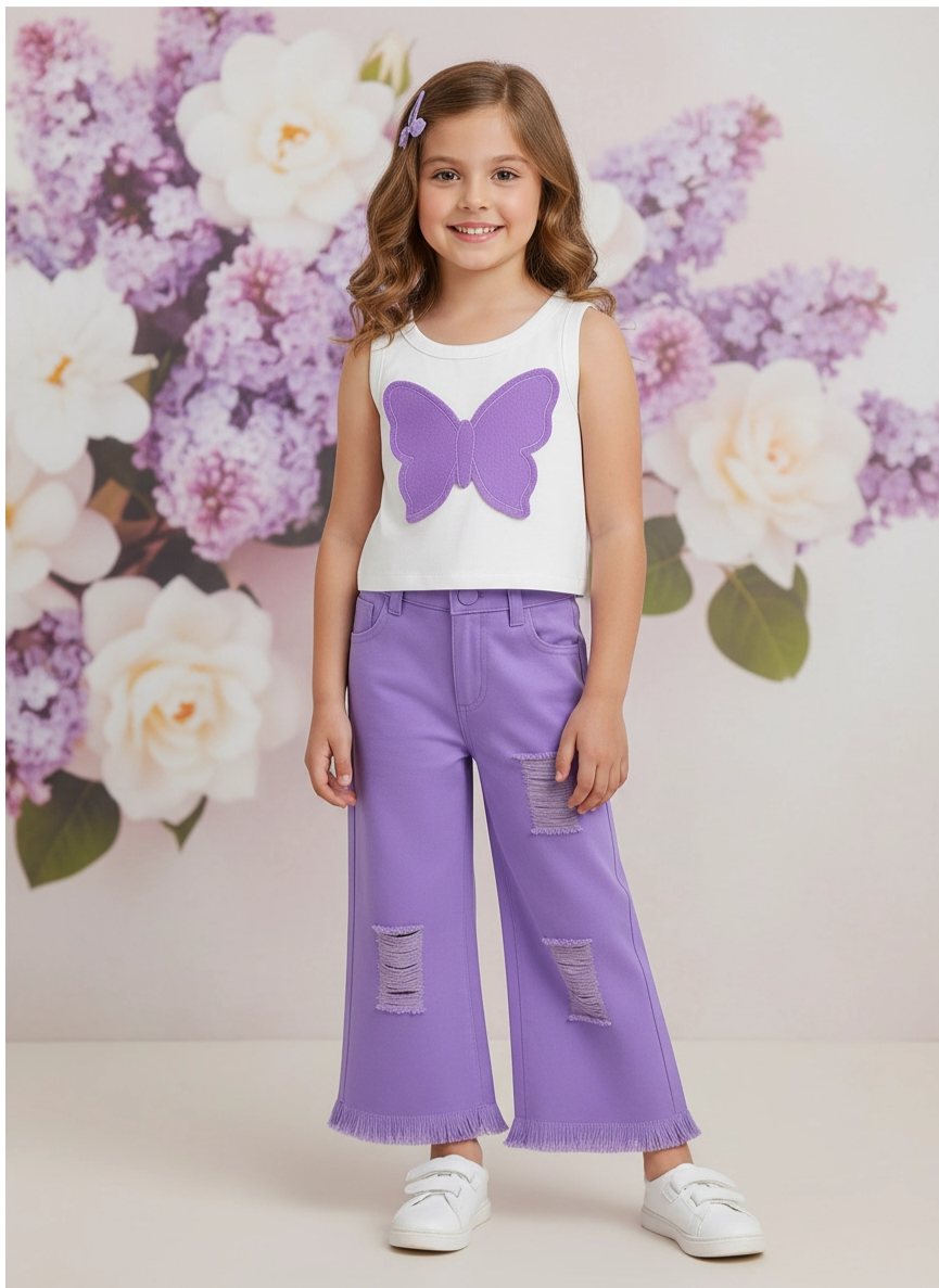 Kız Çocuk Mor Renk Kelebek Aplikeli Askılı Bluz ve İspanyol Paça Pantolon Takımı