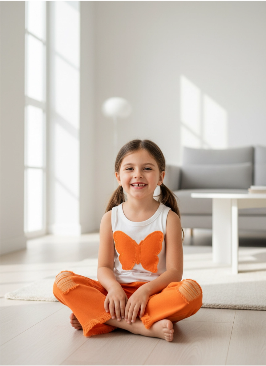 Kız Çocuk Turuncu Renk Kelebek Aplikeli Askılı Bluz ve İspanyol Paça Pantolon Takımı