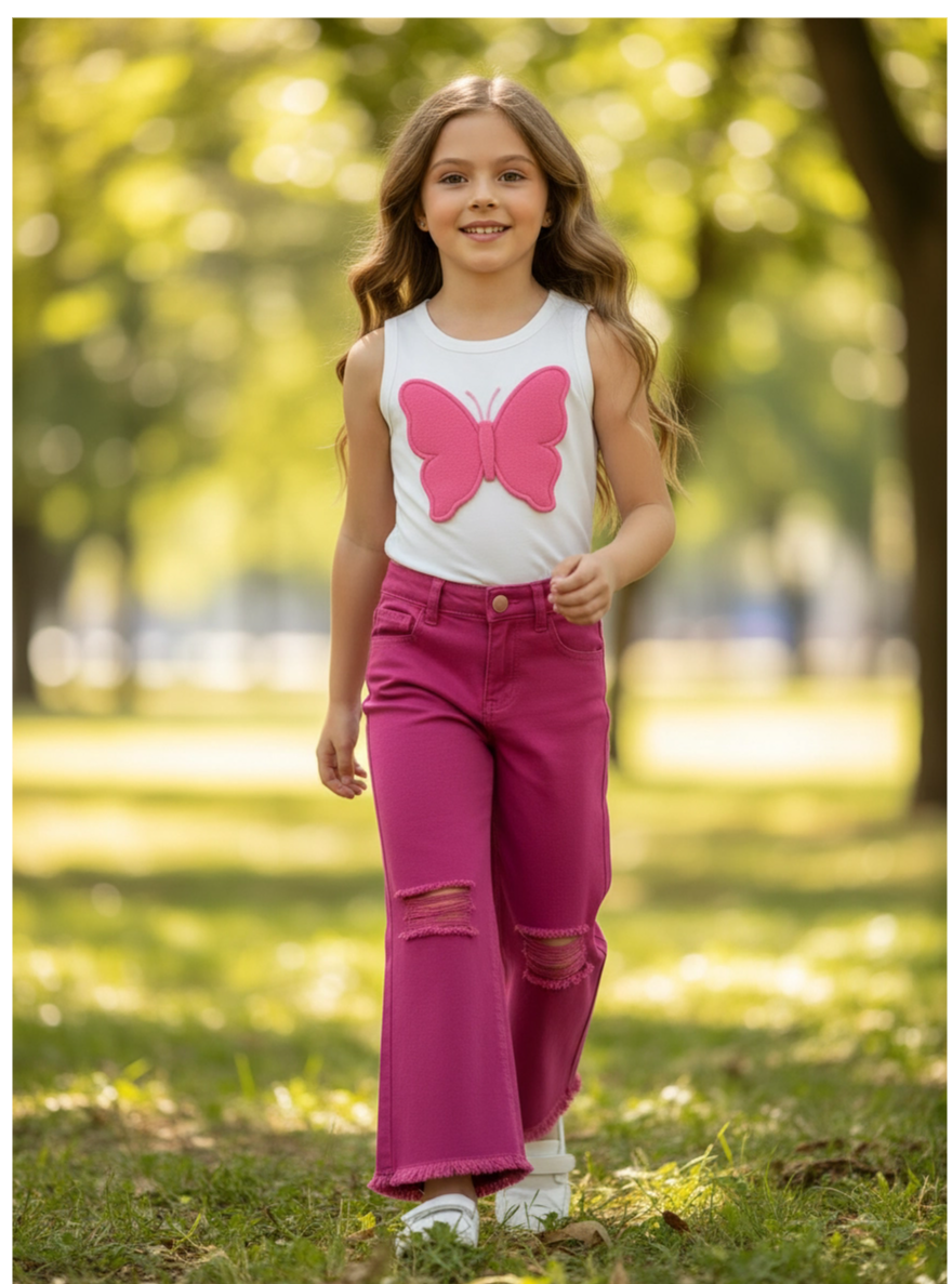 Kız Çocuk Pembe Renk Kelebek Aplikeli Askılı Bluz ve İspanyol Paça Pantolon Takımı