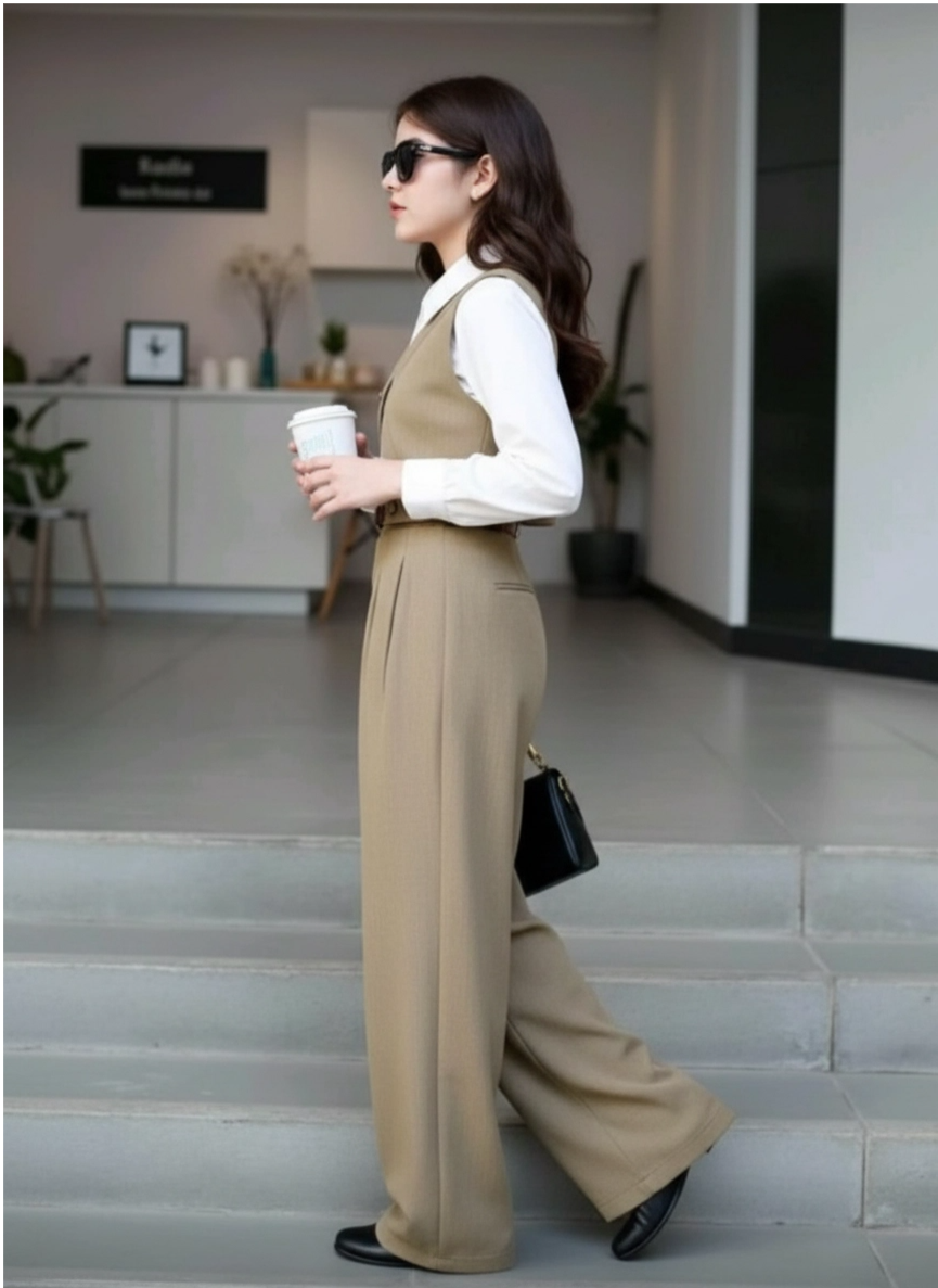 Bej Renk Yelekli ve Yüksek Bel Boru Paça Pantolonlu 3’lü Kız Çocuk Takım