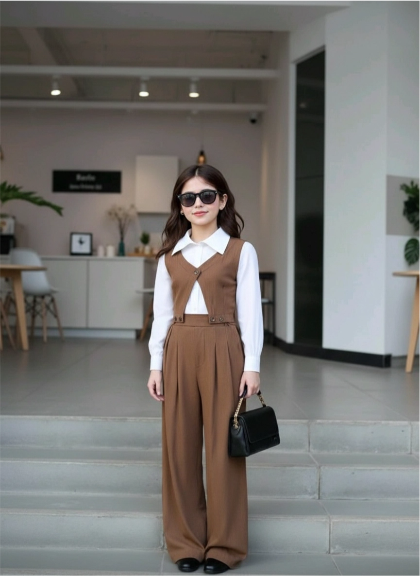 kahve Renk Yelekli ve Yüksek Bel Boru Paça Pantolonlu 3’lü Kız Çocuk Takım