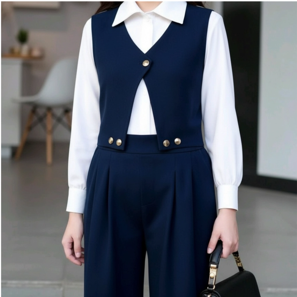 Lacivert Renk Yelekli ve Yüksek Bel Boru Paça Pantolonlu 3’lü Kız Çocuk Takım