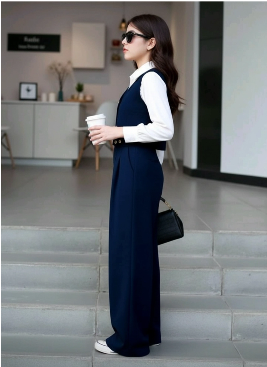 Lacivert Renk Yelekli ve Yüksek Bel Boru Paça Pantolonlu 3’lü Kız Çocuk Takım