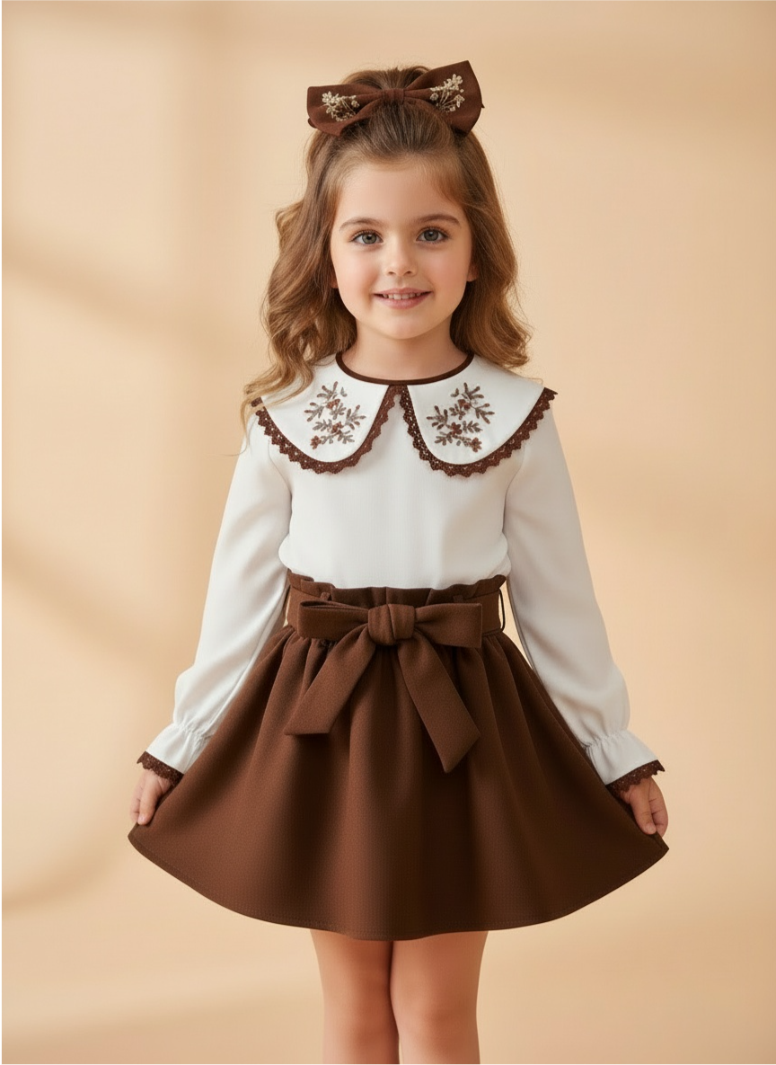 Kahve Belden Bağlamalı Etekli ve Yaka Nakışlı Bluzlu Kız Çocuk Takım Toka Hediyeli