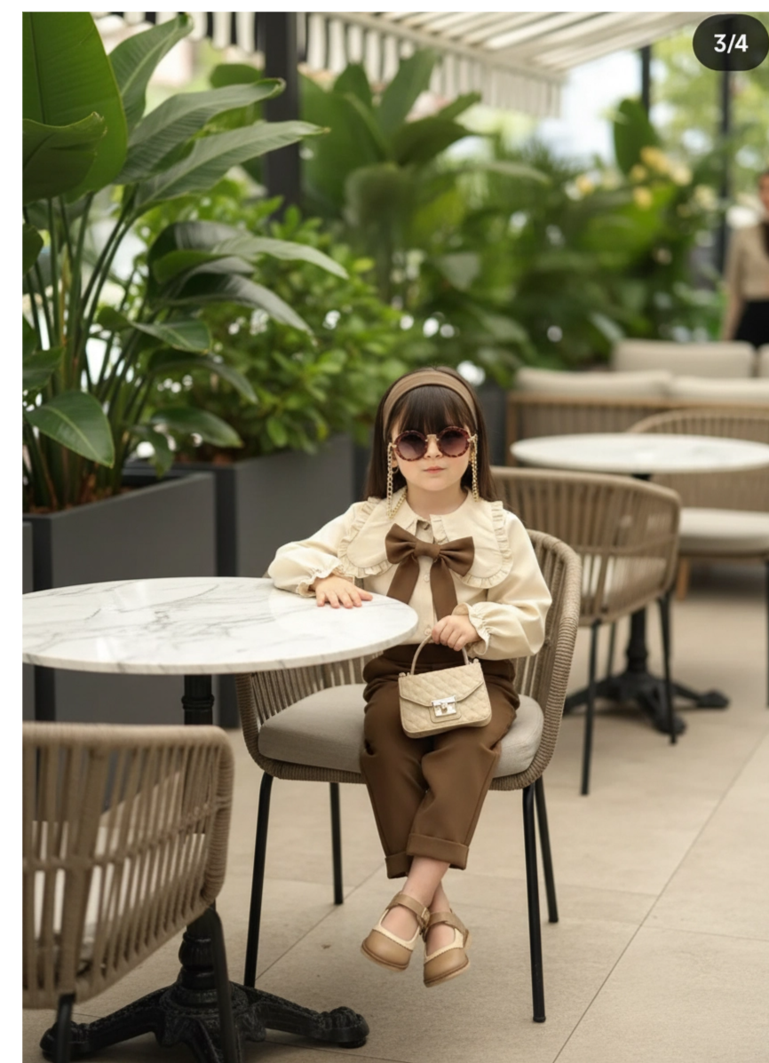 Kız Çocuk Butik Seri Fiyonklu Bluz ve Jean Görünümlü Pantolon Kombini